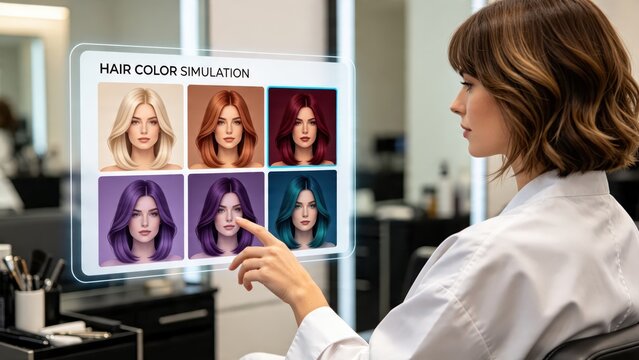 Woman using futuristic hair color simulation app on transparent screen to choose new hairstyle, beauty salon and augmented reality technology concept