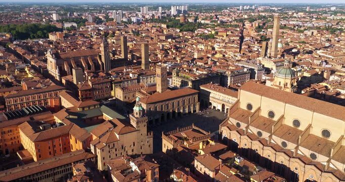 Preserved Medieval Town Of Bologna In Italy At Sunny Day. Aerial Drone Shot