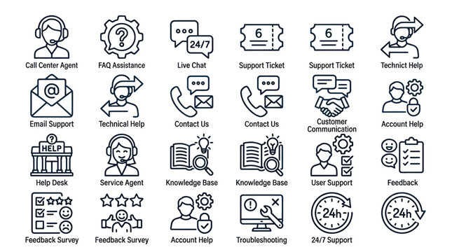 Customer service call center and help desk support icons.