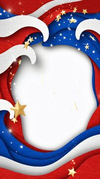 Red White Blue Layered Waves Stars Frame Copy Space - A patriotic border design features layered waves in red, white, and blue paper-cut style, adorned with golden stars and small white stars.