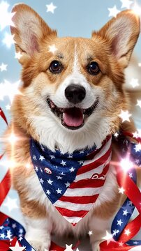 Adorable Corgi Wearing Patriotic Bandana Celebrates Holiday - A happy corgi dog smiles brightly, wearing a red, white, and blue bandana with stars and stripes.