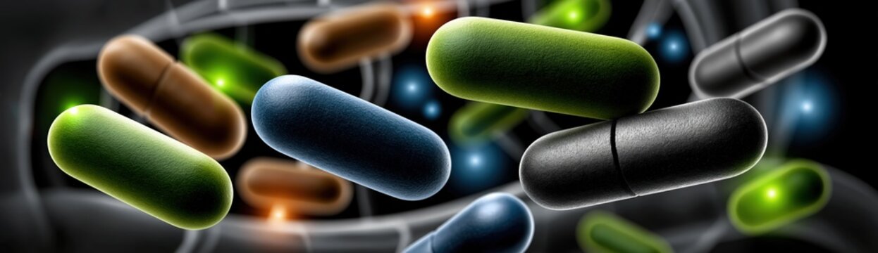 Microbiome bacteria glowing in soft neon colors against translucent intestinal wall for probiotics digestive health concept.
