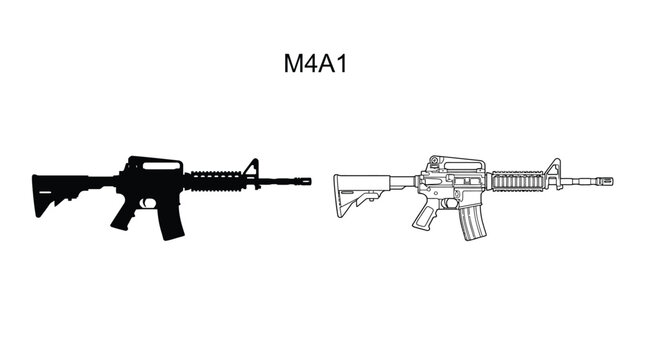 M4a1 Rifle Black Silhouette And White Line Drawing Against White Background