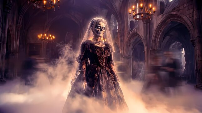 Ghostly skeleton bride standing in foggy gothic cathedral.