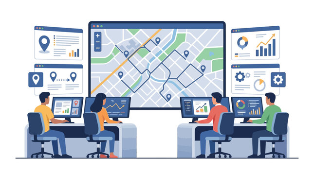 Team of professionals monitoring real-time urban logistics and data
