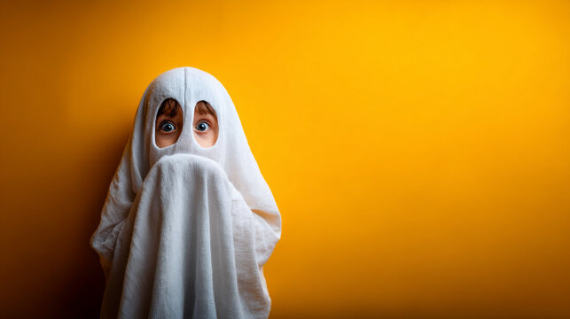 Small child wearing a ghost costume made from a white sheet against orange background