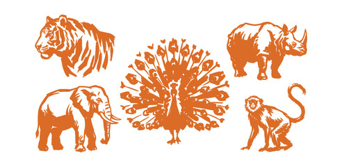 Hand drawn wild animal silhouette set in orange brush stroke style © WS