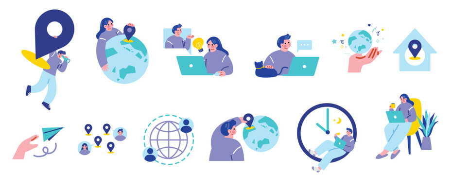 リモートで働く人々のイラストセット