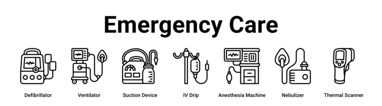Emergency Care web banner icon vector illustration concept for business with icon of Defibrillator, Ventilator, Suction Device, IV Drip, Anesthesia Machine, Nebulizer.