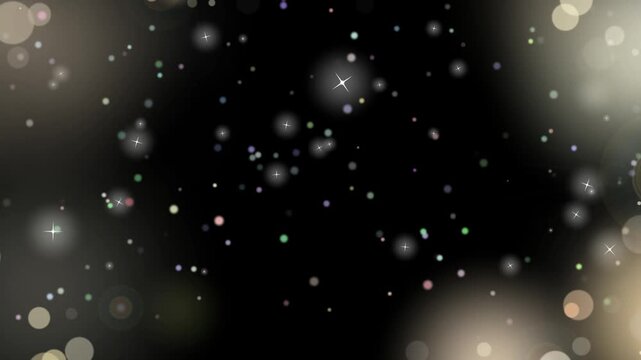 Glowing particles float in dark space with sparkling lights