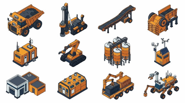 Isometric Construction Vehicles and Equipment Set.