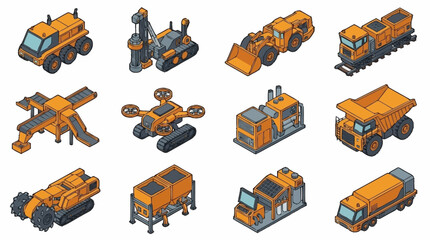 Collection of Orange Construction Vehicles in Isometric Style. © Buka