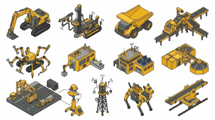 Collection of yellow construction machinery illustrations. © Buka