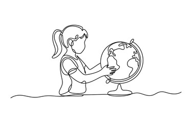 Little girl looking at a world globe in a continuous single line drawing