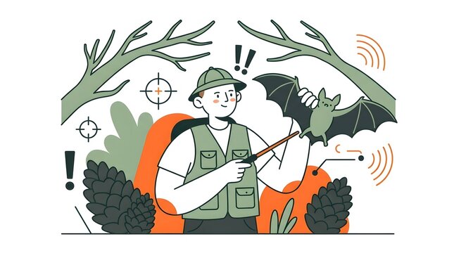 Young zoologist wearing safari hat and vest holding bat with antenna receiver studying echolocation in forest