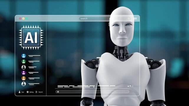 A futuristic 3D robot character engages with a holographic interface, showcasing vibrant and colorful abstract designs related to artificial intelligence and technology. Synapse