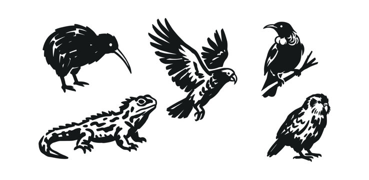 Native New Zealand wildlife linocut illustration set for sustainable branding and decor