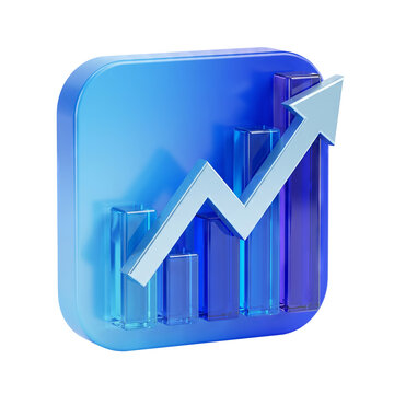 Financial growth chart with blue upward arrow 3D business icon on transparent background