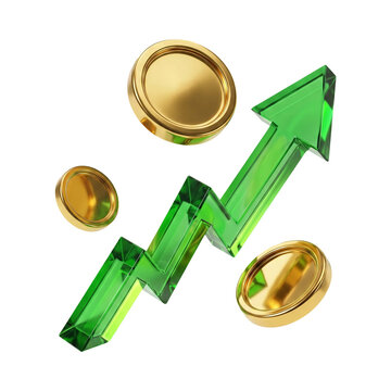 Financial growth arrow with gold coins 3D investment icon on transparent background