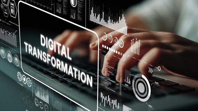 Hands on Keyboard with Digital Transformation Graphics and Data Analytics Visualizations in Modern Workplace Setup. Asymptotic smart data analytic.