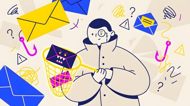Cybersecurity detective using net to catch malicious phishing emails and protect data from spam hackers