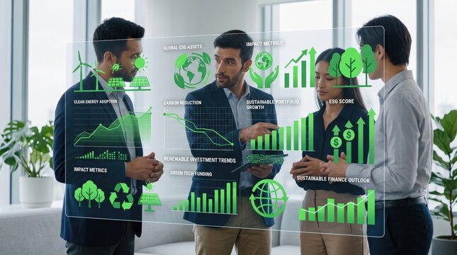 Diverse business team analyzing global ESG assets and sustainable portfolio growth charts on transparent screen