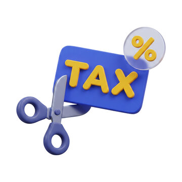 Tax reduction label with scissors and percentage symbol 3D finance icon on transparent background