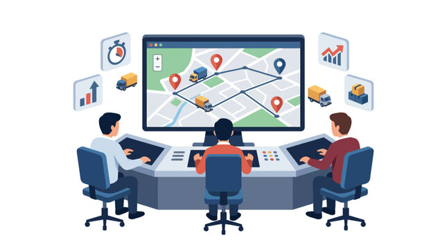 Logistics team monitoring delivery fleet tracking on digital dashboard