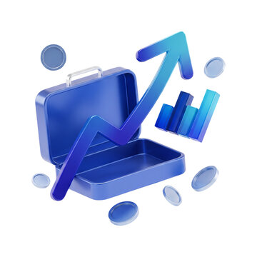 Business briefcase with financial growth chart and coins 3D investment icon on transparent background