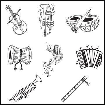 Musical instruments line art vector set. Traditional and modern music equipment doodles.