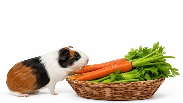 A cute tricolor guinea pig sniffing fresh carrots and celery in a basket