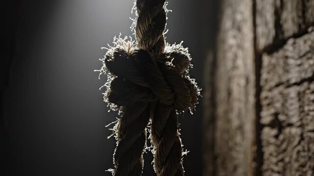 Close up of a thick rope hanging in a dark room with dramatic lighting.