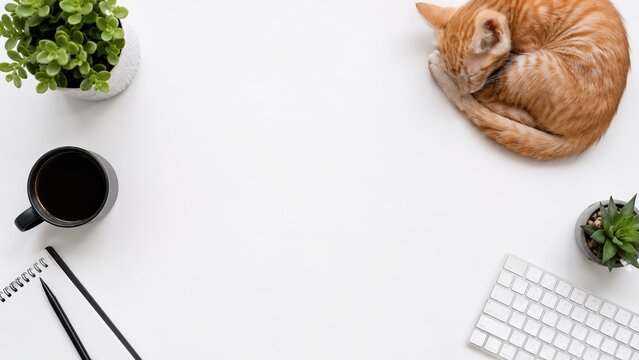 Top View of a Desk with a Sleeping Ginger Kitten and Office Accessories