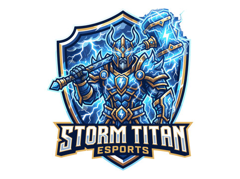 Storm Titan Esports logo with blue and gold armor warrior holding a sword and hammer on a shield