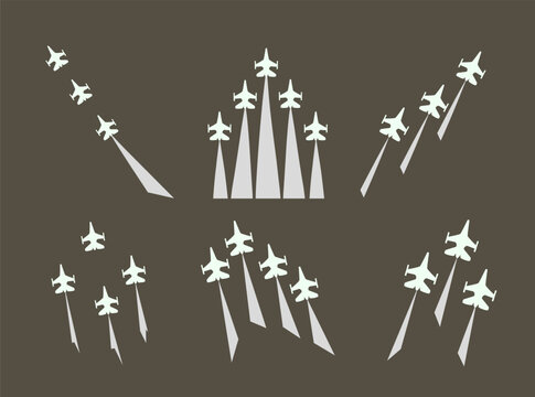 A collection of military fighter jet silhouettes featuring dynamic flight formations and trail elements