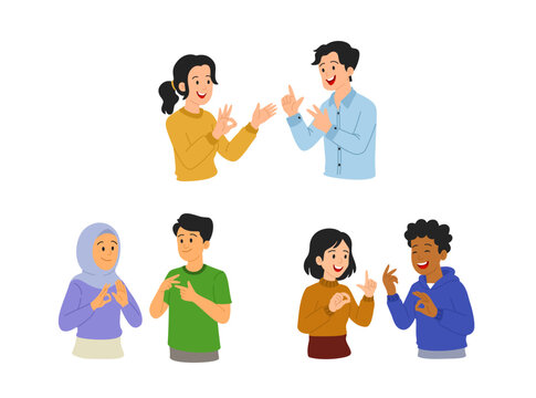 A collection of diverse people using sign language featuring inclusive character illustrations