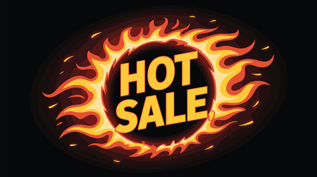 Eye-catching promotional graphic with Hot Sale text centered inside a ring of intense orange and yellow flames on a black background.