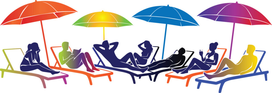 People relaxing on sun loungers under colorful beach umbrellas during summer vacation with relaxation loungers umbrellas vacation sunbathing silhouettes lifestyle tropical colorful
