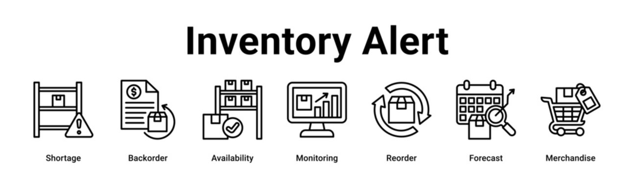 Inventory Alert web banner icon vector illustration concept for business with icon of Shortage, Backorder, Availability, Monitoring, Reorder.