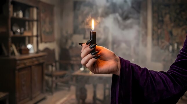 Gothic hand holding lit black candle in smoke.