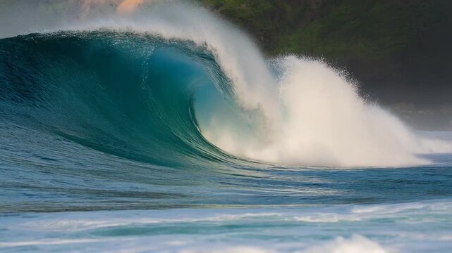 Dramatic curling ocean waves with detailed foamy surf layers creating immersive cinematic water scenery