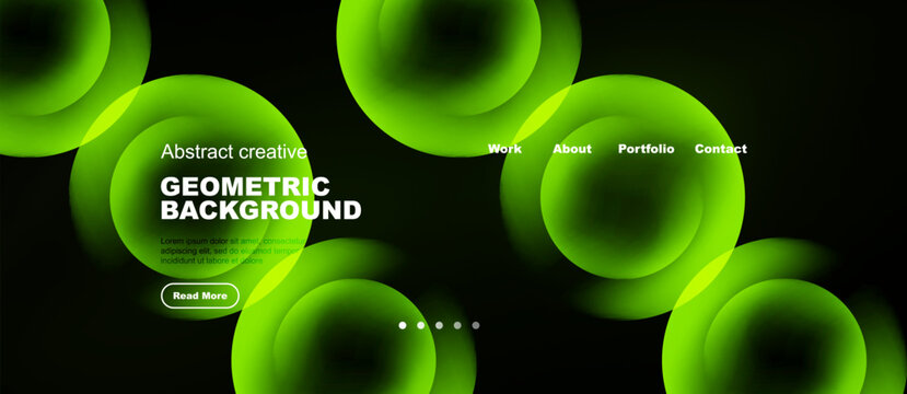 Abstract green circles overlap dark background. Website header includes navigation options, text, button. Modern design elements present.