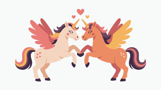 Two magical winged unicorns or pegasus characters in soft colors facing each other with small floating hearts above their heads.