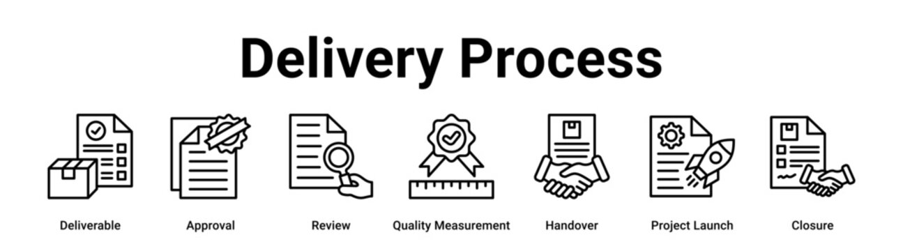 Delivery Process web banner icon vector illustration concept for business with icon of Deliverable, Approval, Review, Quality Measurement, Handover, Project.