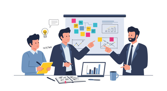 Professional men brainstorm business strategies and analyze data charts on a whiteboard during a collaborative meeting in a modern office setting.
