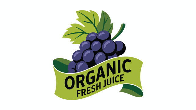 Branding logo for organic fresh grape juice featuring a cluster of purple grapes with leaves and a ribbon banner for healthy drink concepts.