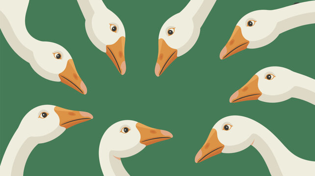 Repetitive pattern of white goose heads looking in different directions against a green background, creating a quirky and fun animal design.