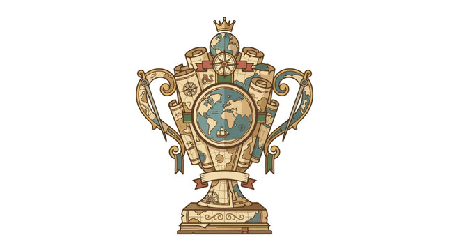 Trophy Constructed from Ancient Maps and Vintage Navigation Tools Illustration