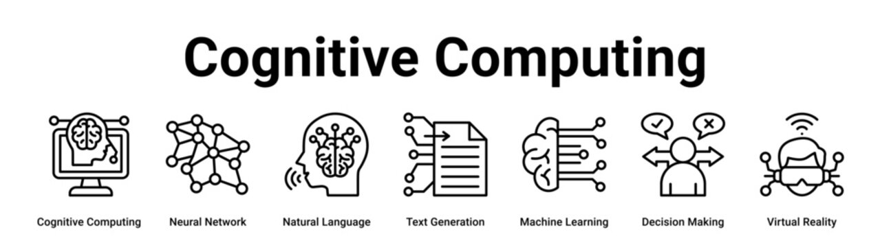 Cognitive Computing web banner icon vector illustration concept for technology with icon of Cognitive Computing, Neural Network, Natural Language, Text Generation, Machine Learning, Decision Making,.