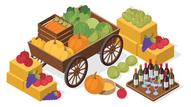 Wooden cart filled with a rich autumn harvest of pumpkins and vegetables stands beside bottles of wine and fruit on a clean white background.